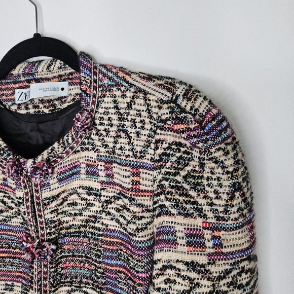 ZARA Jacquard Jacket Sz M Cropped Multicolor Boho Bohemian Multicolor - Picture 7 of 12